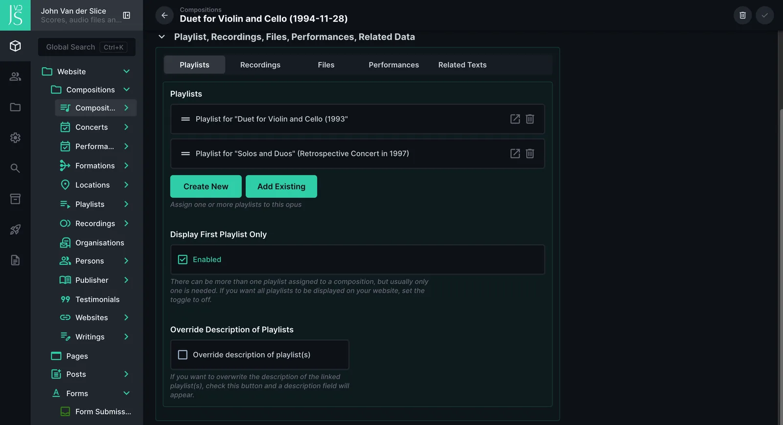 Directus-Redaktion: die Reiter Playlists, Aufnahmen, Dateien und Aufführungen eines Werks