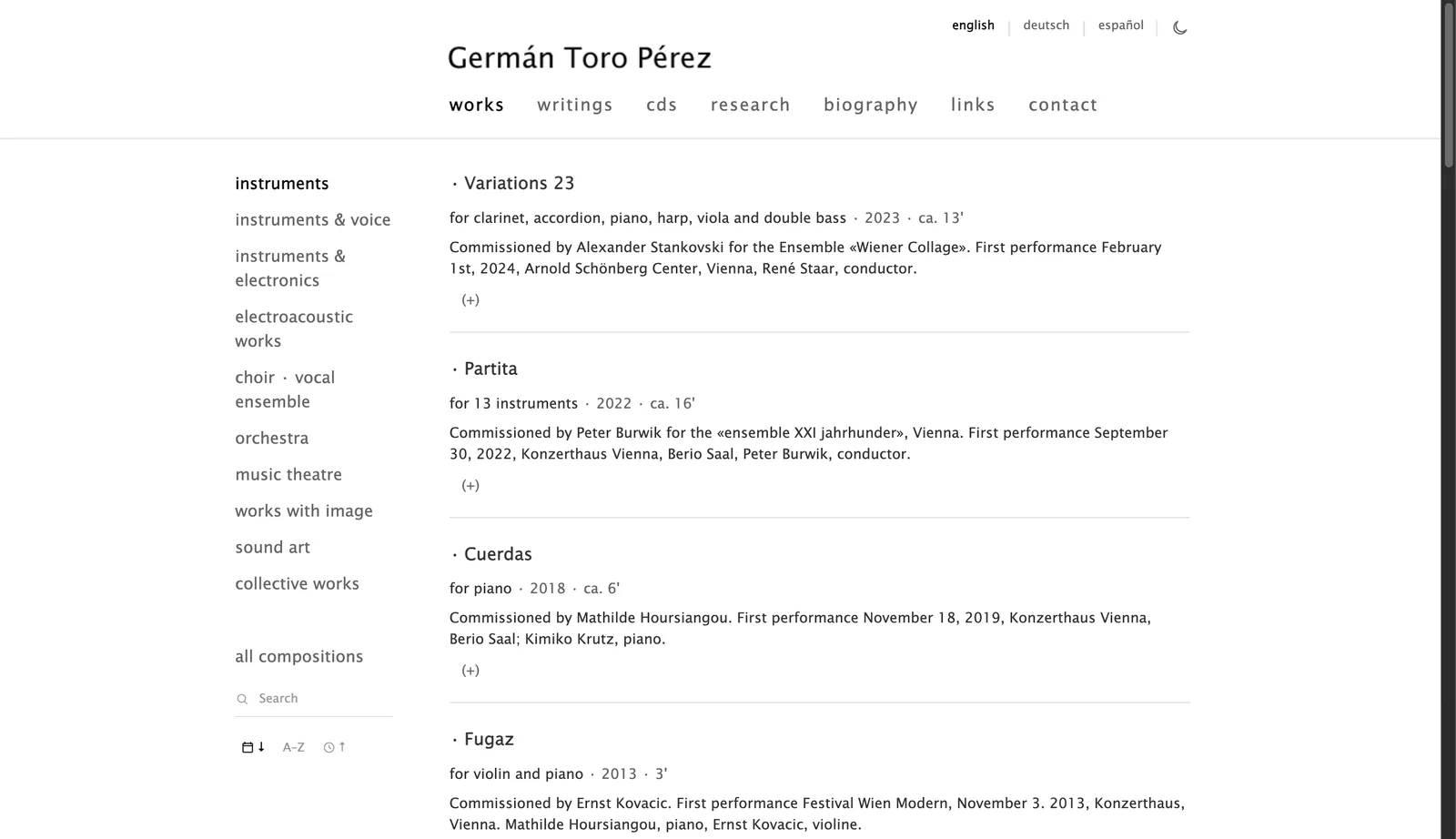 Öffentliche Website von Germán Toro Pérez: die Werkliste mit Kategorien links