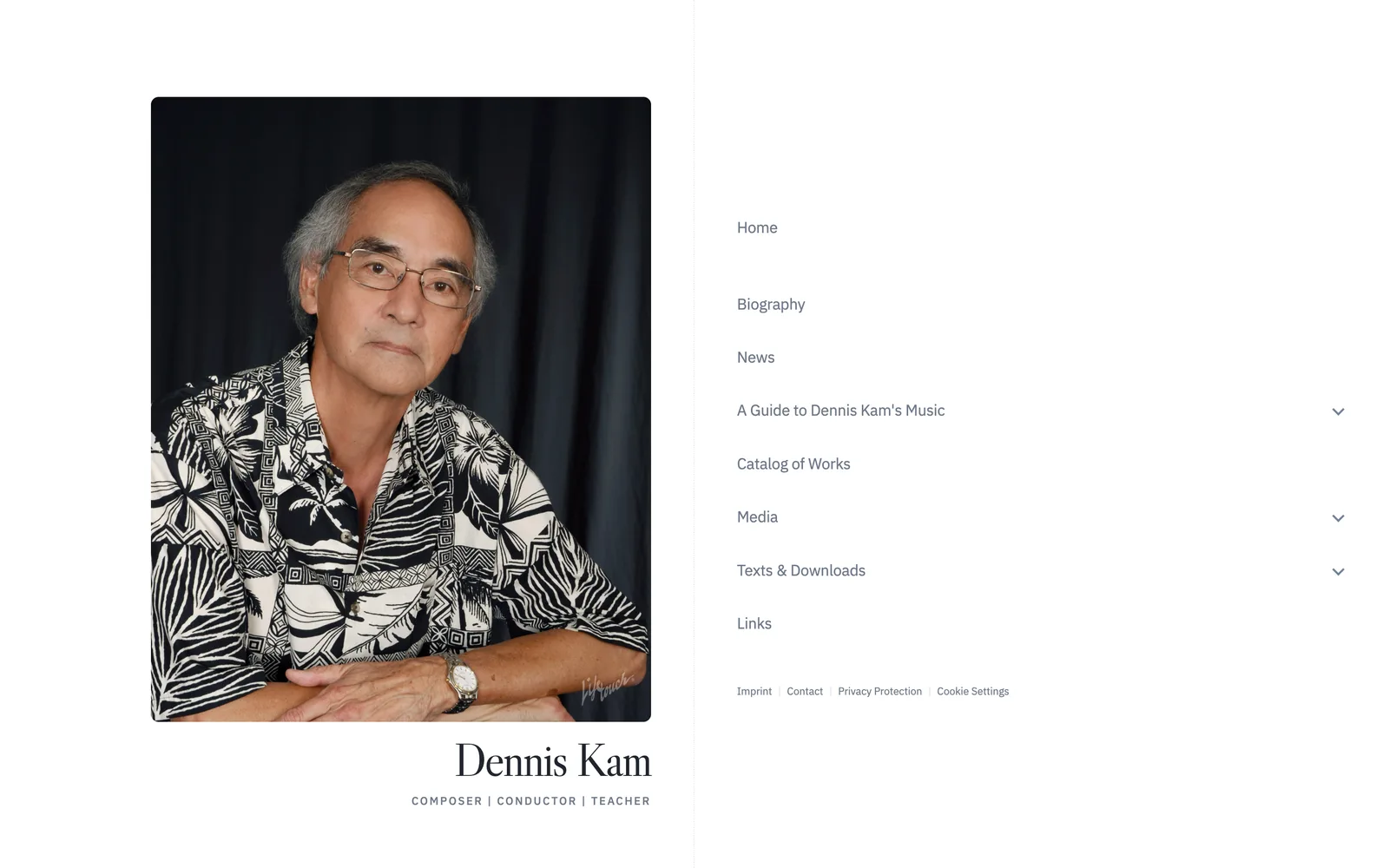 Home page of dennis-kam.org: portrait of Dennis Kam in a patterned shirt, beside it the site menu
