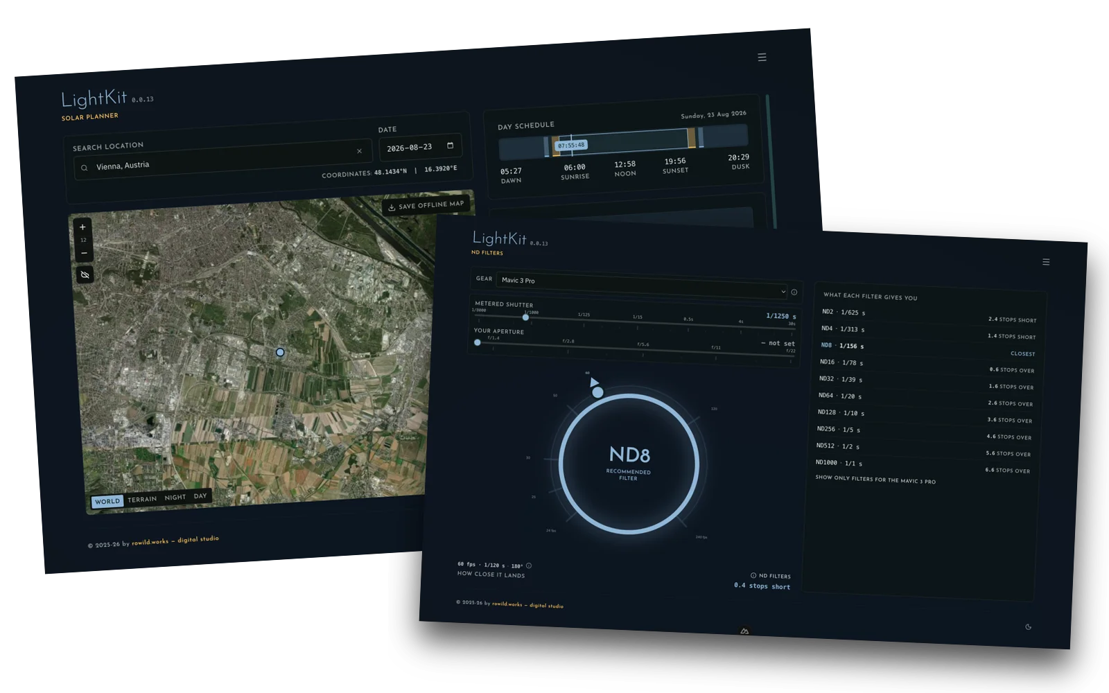 LightKit: der Solar Planner mit Satellitenkarte und Tagesverlauf, davor der ND-Filter-Rechner mit empfohlenem Filter ND8