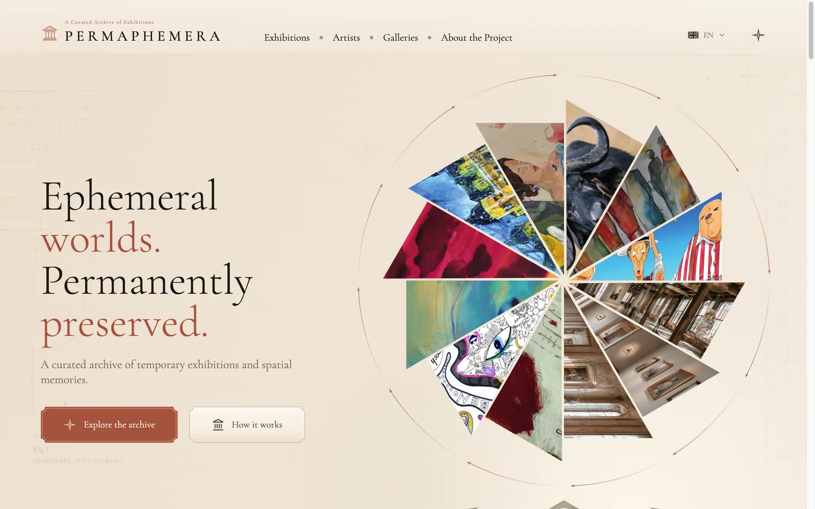 PermaPhemera home page: exhibition views arranged as a fan, next to the line Ephemeral worlds. Permanently preserved.