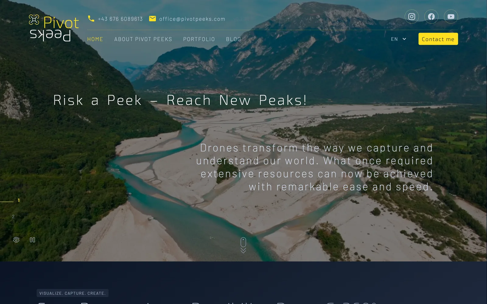 Pivot Peeks home page: rock faces above a river valley, with the line Risk a Peek – Reach New Peaks