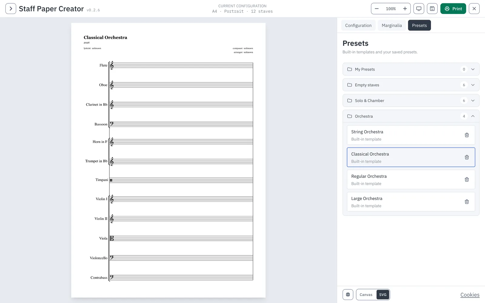 Staff Paper Creator on the desktop: preview of an orchestral score page with the presets panel on the right