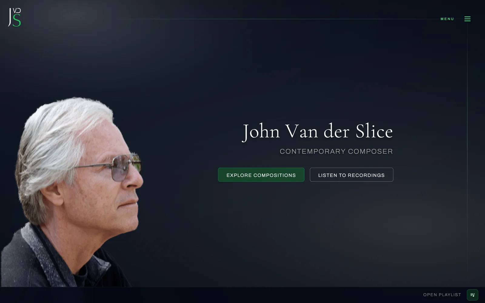 Home page of van-der-slice.com: portrait of John Van der Slice in profile against a dark ground, beside it his name and the line Contemporary Composer