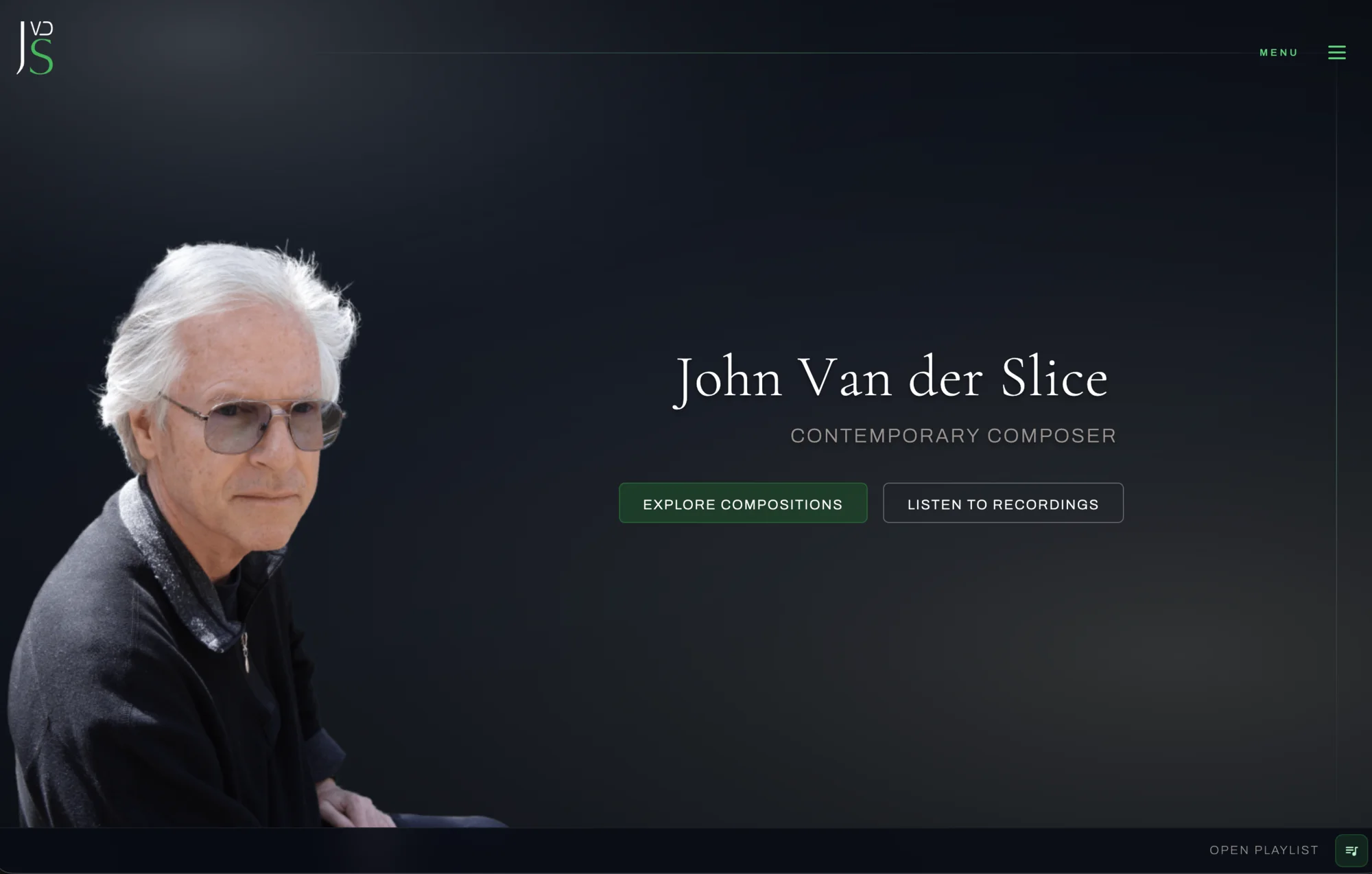 Startseite der Directus-basierten Website des Komponisten John Van der Slice